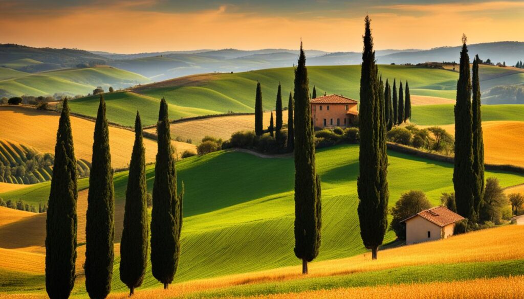 Tuscany rolling hills and vineyards