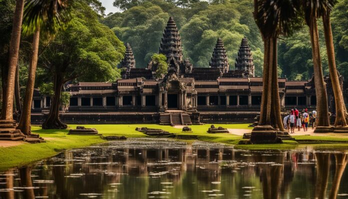 Exploring the city's green spaces like Angkor Wat moat or Wat Preah Prom Rath