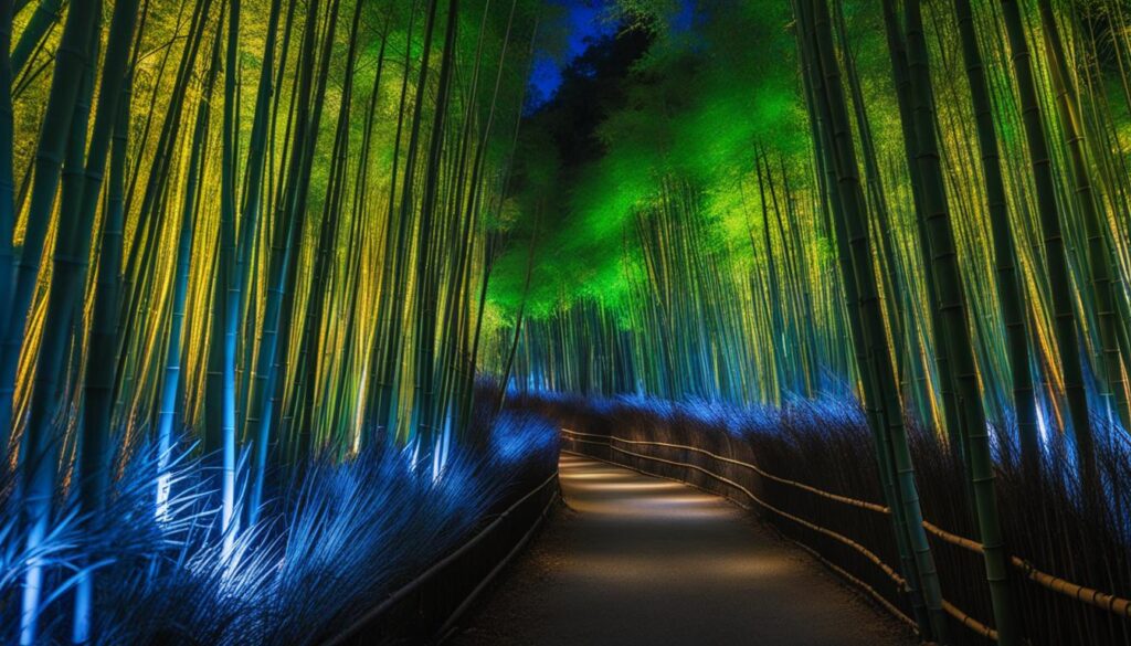 Illuminated bamboo forest at Arashiyama Hanatouro