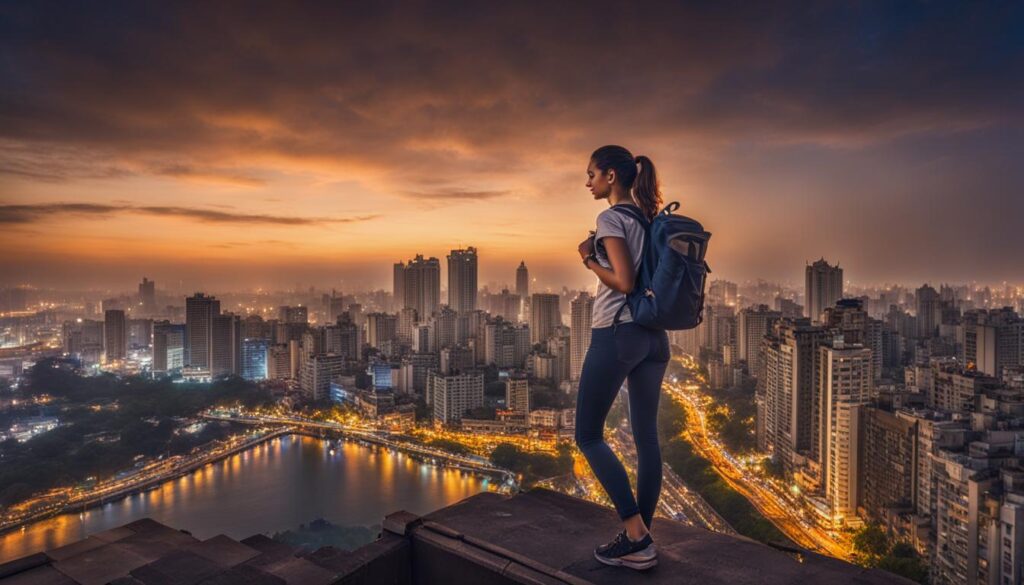 solo female traveler in Mumbai skyline view