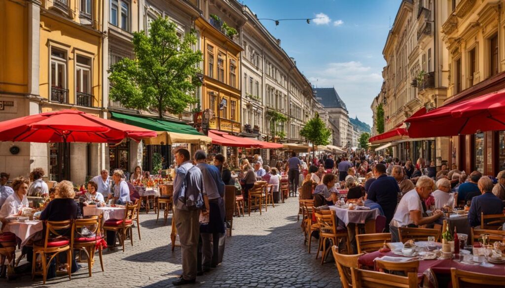 Budapest street view with restaurants
