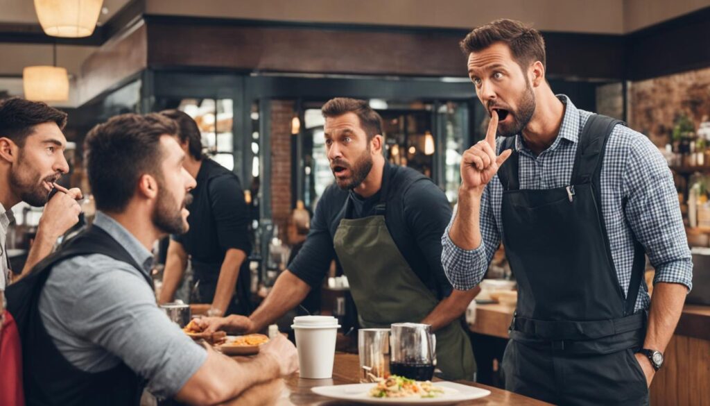 man communicating with restaurant staff