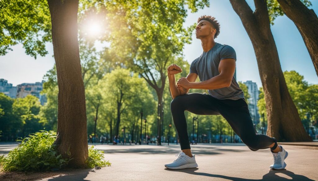 man exercising in a park near a building