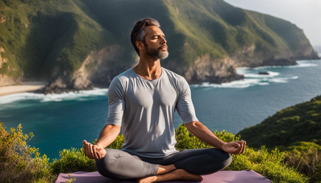 man practicing yoga during travel