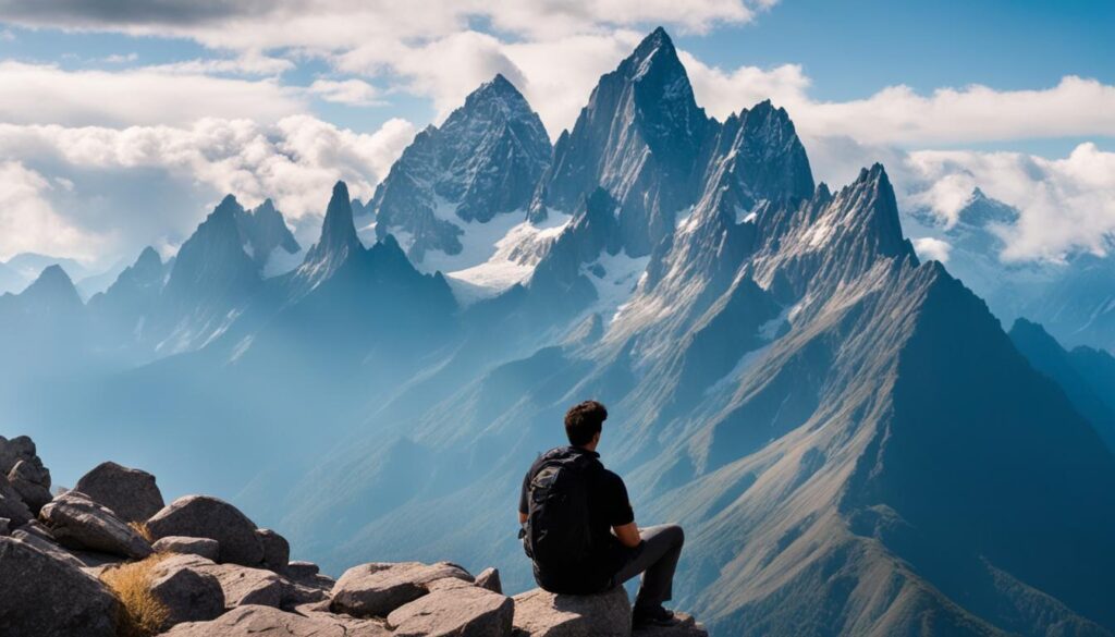 man sitting on rock, looking at beautiful mountain landscape