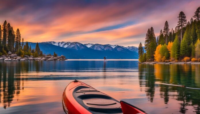 Stand-up paddleboarding on Lake Tahoe in the fall
