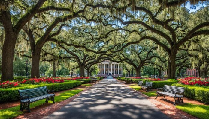 How can I explore Savannah's squares and parks?