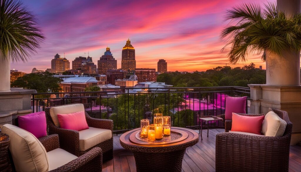 Savannah rooftop bar with sunset view