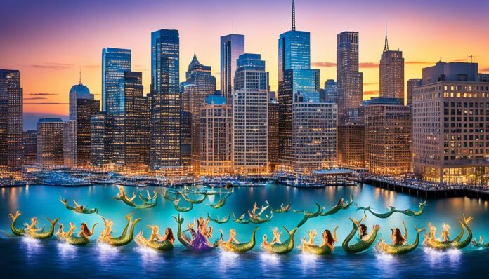 Where can visitors find mermaids throughout the city?
